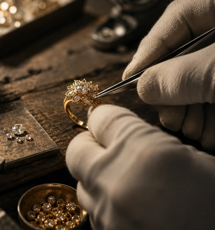 Karigar inspecting jewellery finishing under controlled conditions
